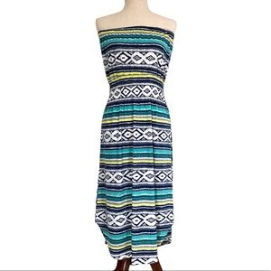 Lagaci Women’s Striped Ikat Strapless Maxi Dress, Blue Yellow Size Large